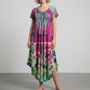 Artsy Boho Embroidery Maxi Dress With Sheer sleeves Free Size Fits Large